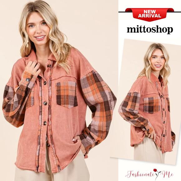 Mittoshop Button Down Contrast Plaid Patchwork Chest Pocket Shacket | Terracotta - Picture 1 of 6